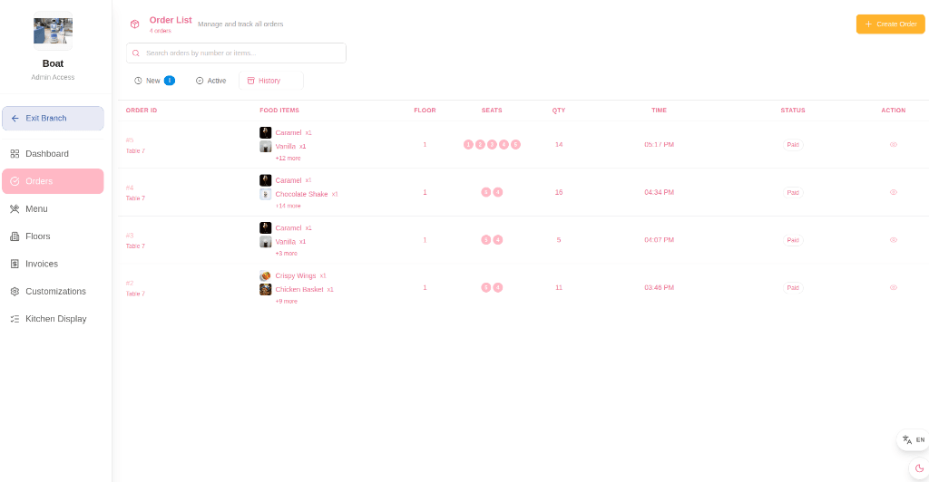Table Management Interface Dashboard